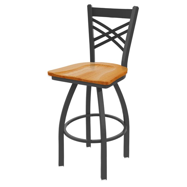 25" Swivel Counter Stool, Pewter Finish, Med Oak Seat